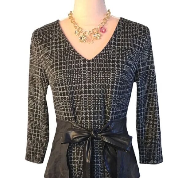 New York & Co Black Plaid Vegan Leather Bow Sheath Midi Dress Small - Picture 3 of 16